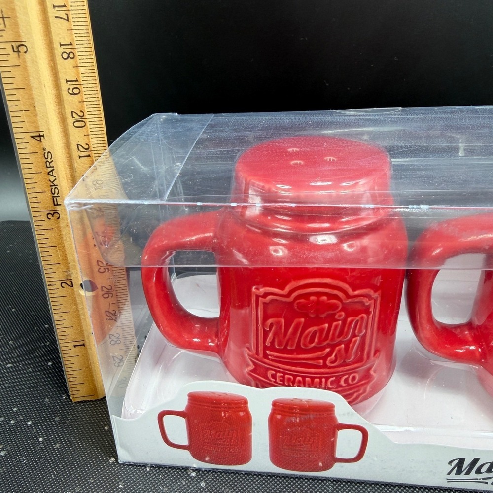 American Atelier Main St Ceramic Co Red Mason Jar Mug Salt and Pepper Shaker Set - Picture 2 of 11